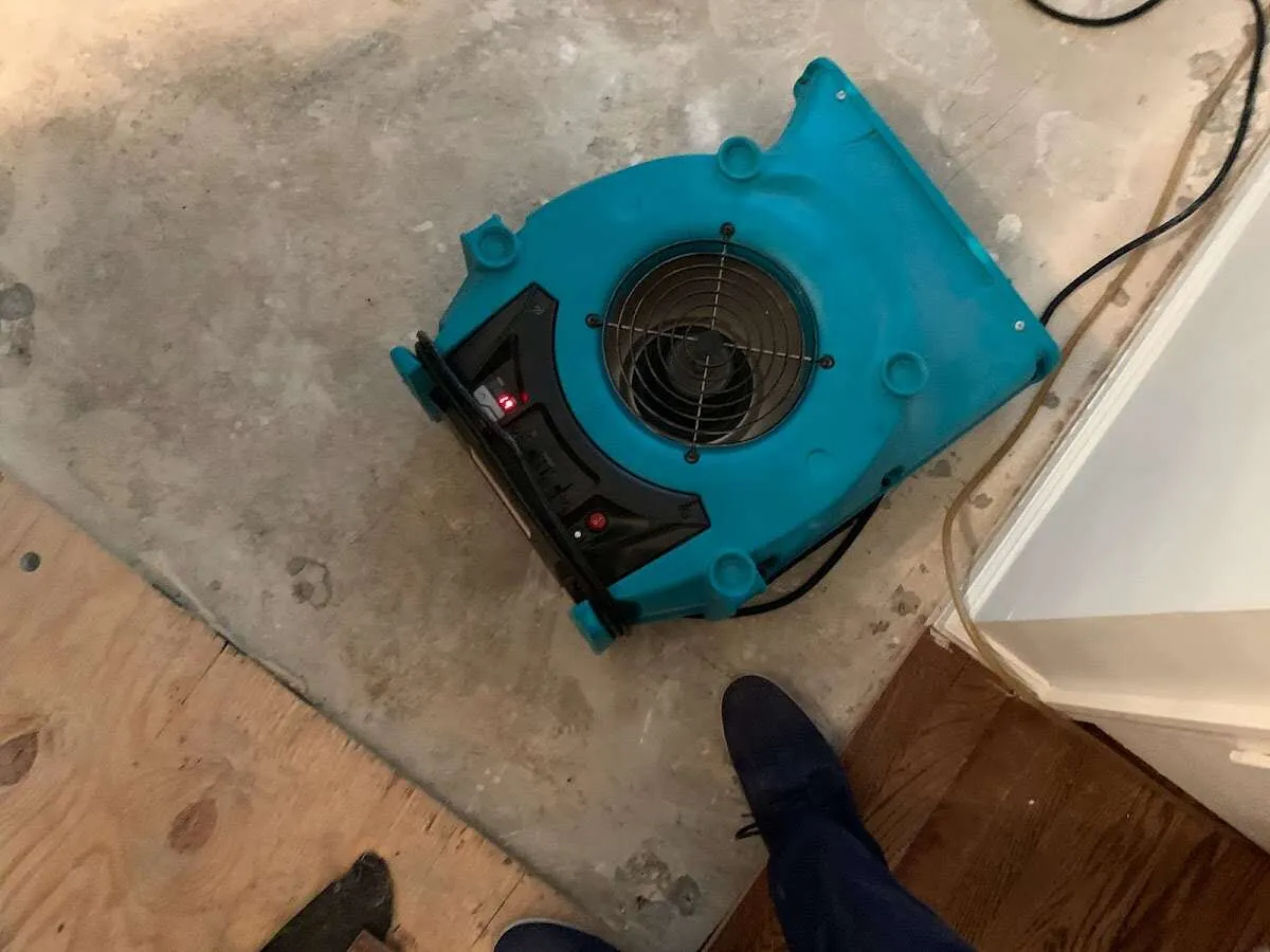 Air mover drying subfloor during Commercial Water Damage Restoration in Canyon